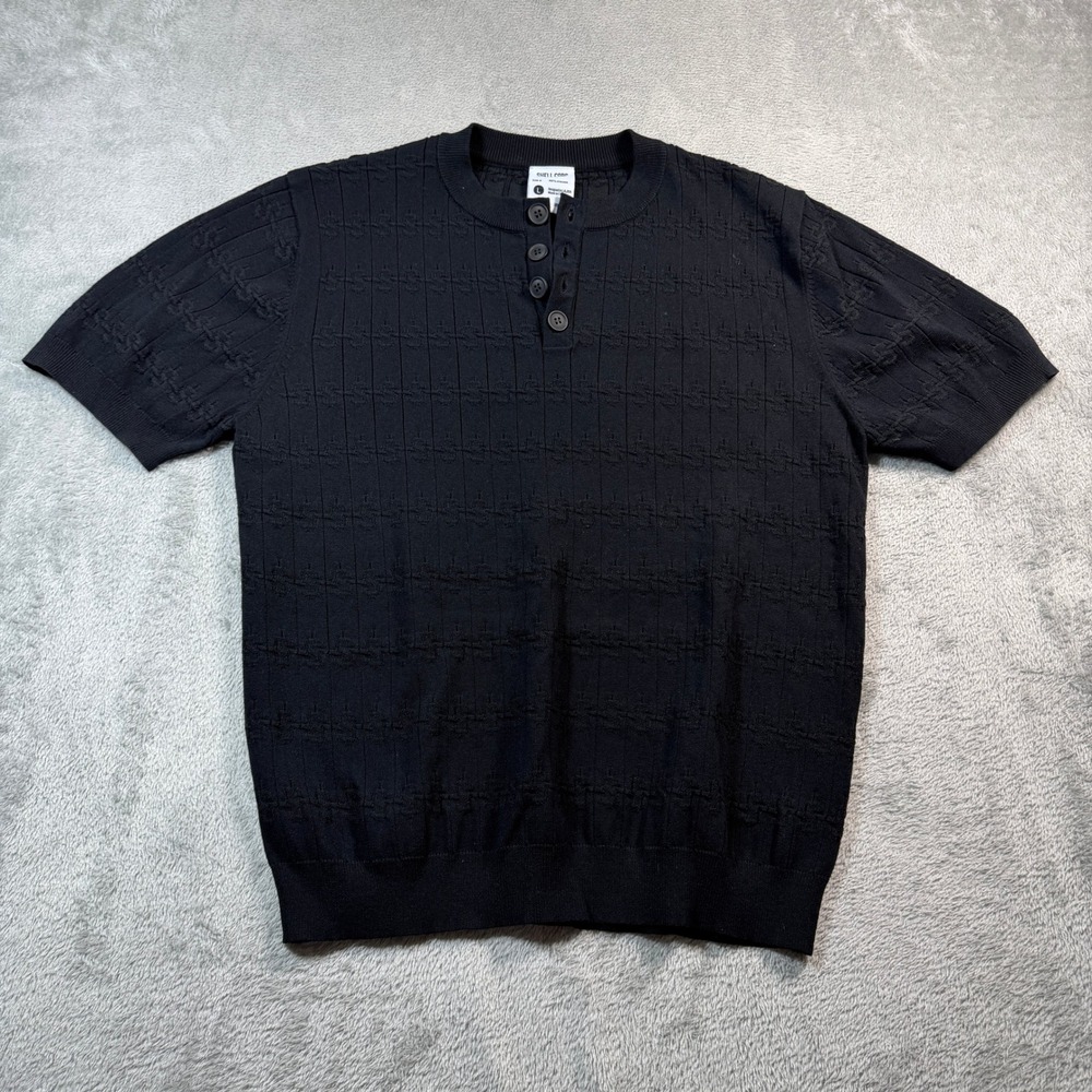 SHELL CORP Henley Knit Shirt Mens Large Black‎ Short Sleeve Viscose Dollar Sign